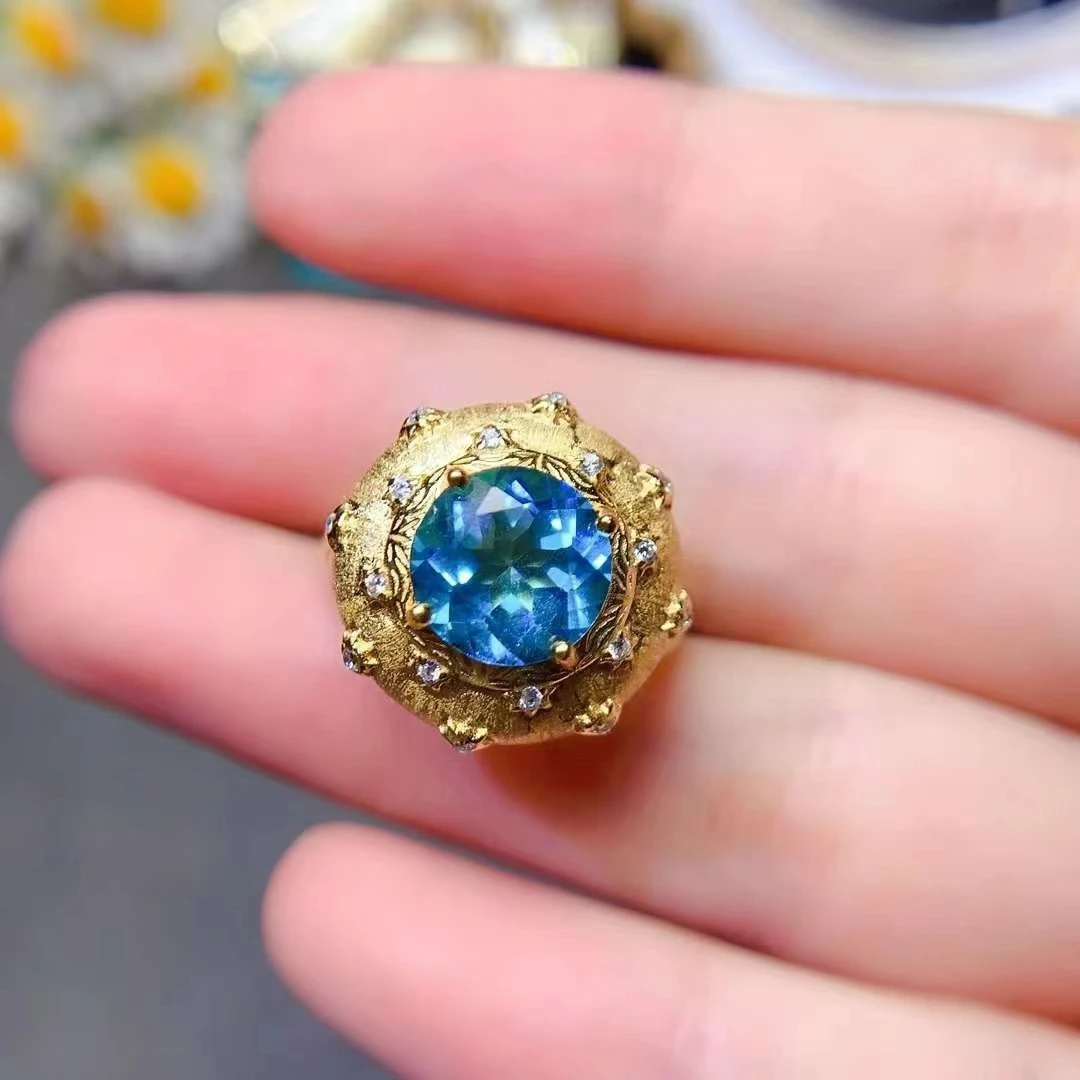 

Luxury 18K Gold Plated 925 Silver London Blue Topaz Ring 9mm 3ct Natural Topaz Ring Vintage Silver Gemstone Jewelry