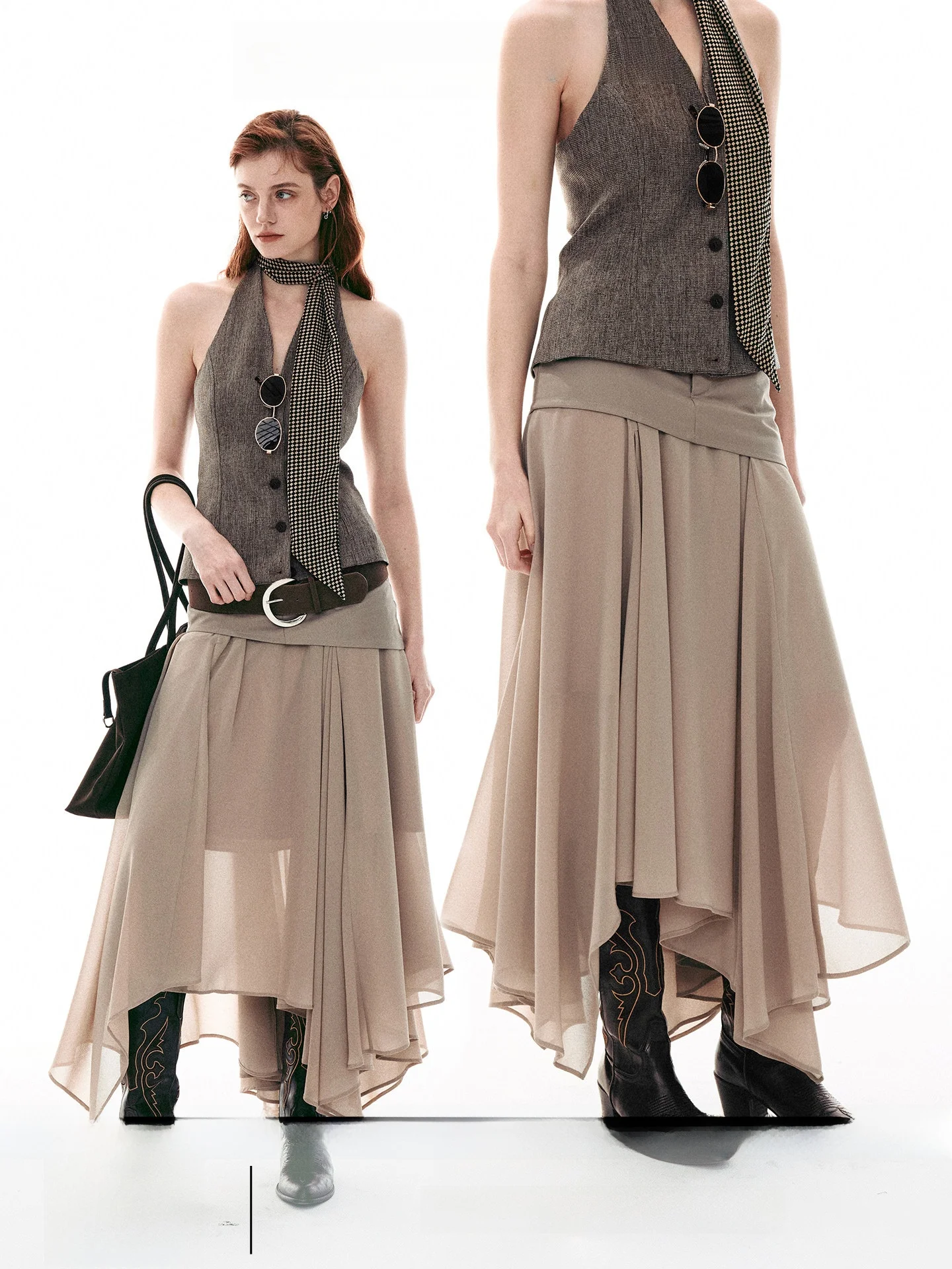 

Asymmetrical Silk Blend Casual Skirt Fake Two-Piece Irregular Hemline Ladies Midi Skirt Stand Fit Spring Season Faion