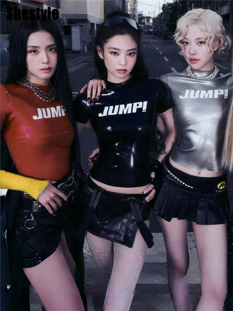 Shestyle PU Leather Short Sleeve T-Shirts Women 2025 Autumn Crew Neck Jump Letter Print Skinny KPOP Dance Crop Tops Shinny Cool