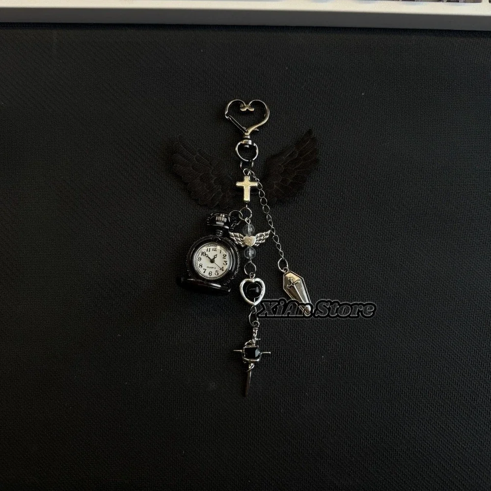 Gothic Dark Wings Pocket Watch Keychain Hollow Heart Design Steampunk Clock Vintage Punk Necklace Jewelry Pendant Halloween Gift