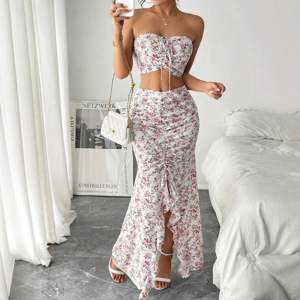 

Sets Summer Elegant Ditsy Floral Sleeveless Strapless Lace-Up Tanks Shirring Mermaid Slit Skirts Beach Sets For Women