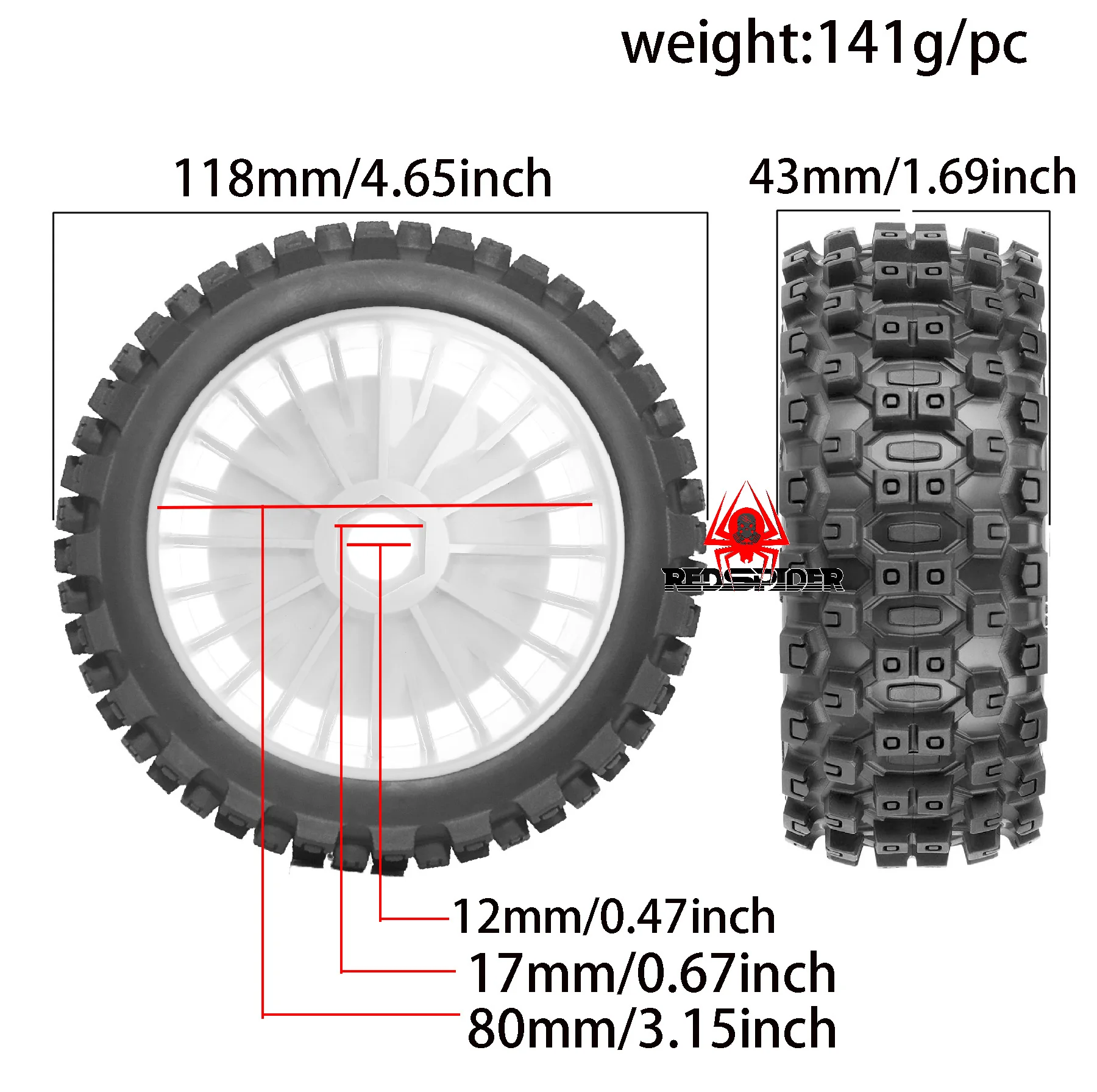 RED SPIDER 1/8 RC Short Course Truck Rubber Tires Plastic Wheels Kit OD 118mm For Arrma Senton 6S Losi SCT RC Offroad Vehicle