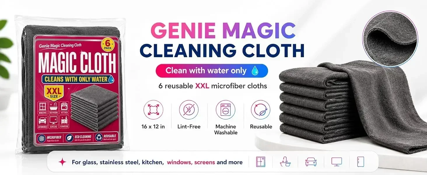 6er-Pack Genie Magic Reinigungstücher aus Mikrofaser für Glas, Fenster, Küchenarbeiten, Edelstahl, Autoscheiben – Detail 1
