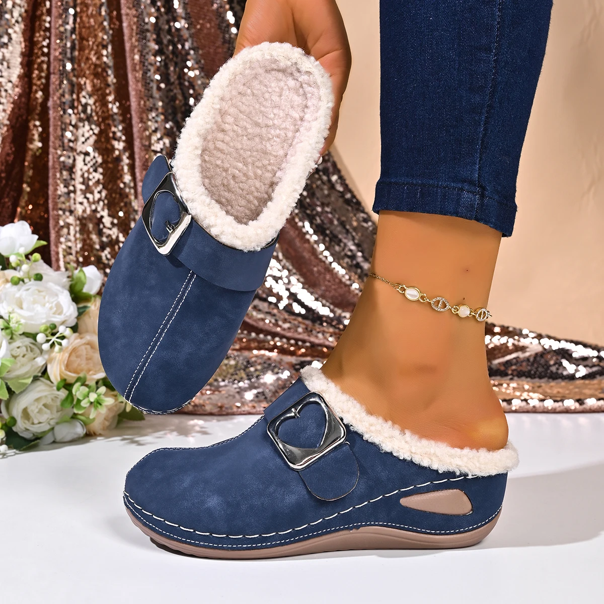 Women Mules Shoes 2026 New Comfortable Slides Women Elegant Baotou Velvet Warm Shoes Lightweight Slippers Large Size Women Shoes