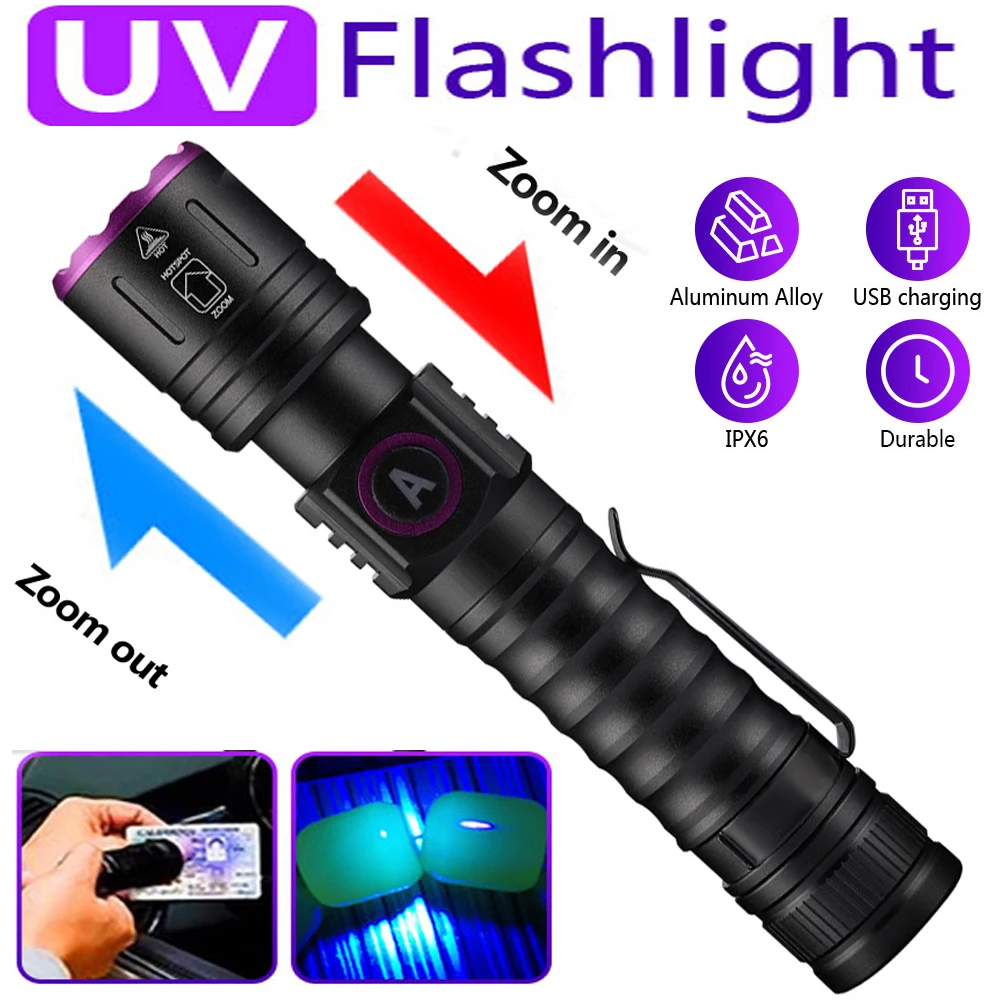 Portable USB UV Ultraviolet Black Light 395nm/365nm LED Flashlight 1 Mode Zoom Torch Pet Urine Stains Scorpion Amber Detector