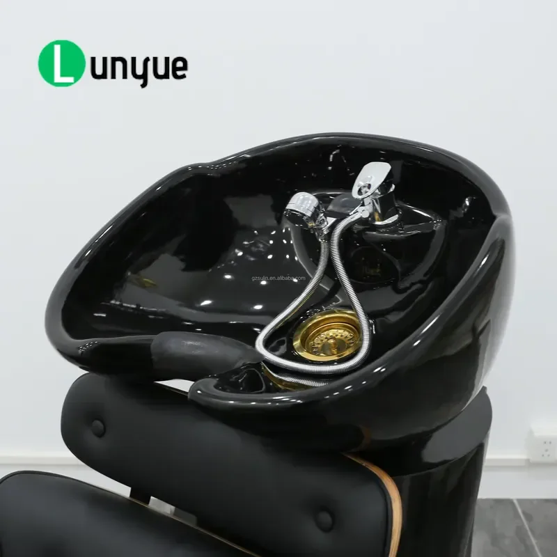 Modern Black PU Leather Shampoo Chair Wood Frame High Density Sponge Ceramic Basin Comfortable Barber Shop Furniture