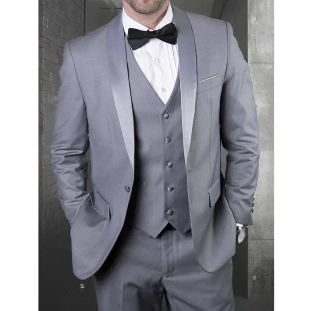 

Men Suit 3 Piece Set Shawl Lapel Single Breasted Satin Trim Lapel Slim Fit Comfortable Business Suit Elegant Formal Wear Wedding