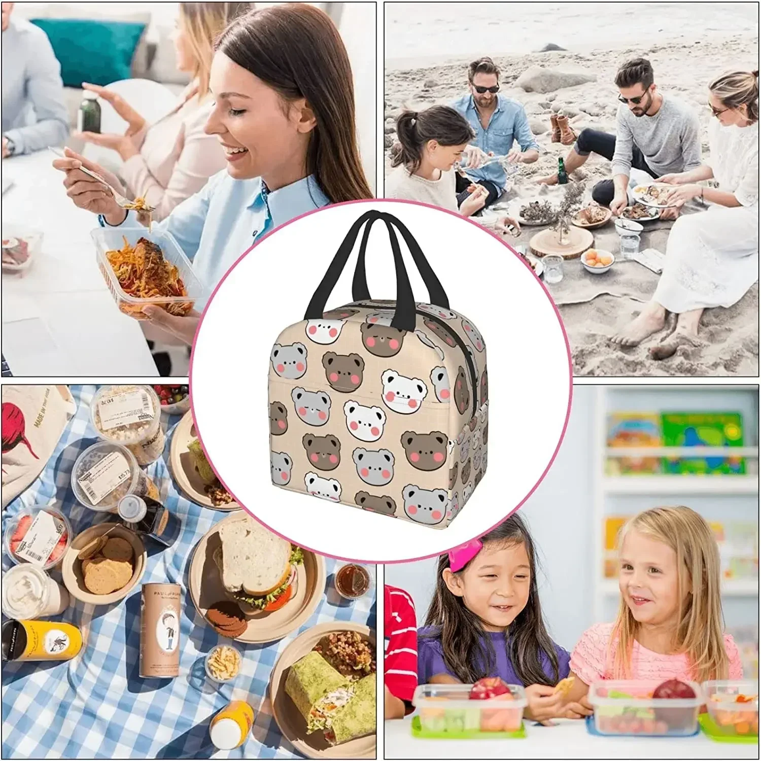 Fiambrera con diseño de oso Kawaii, bolsa Bento, loncheras aisladas, bolsa de almuerzo impermeable reutilizable con bolsillo para escuela, oficina, Picnic