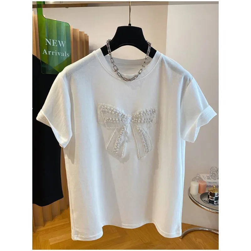 Women's Elegant Pearl Embroidered Bow T-Shirt with Crystal Accents - New Arrivals Casual Oversized Top for Daily Wear or Style