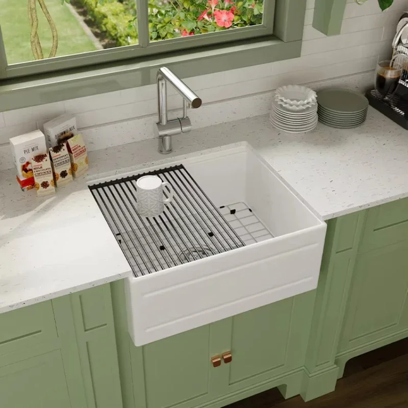 24 Cupc Single Bowl White Rectangle Reversible Farmhouse Apron - Front Ceramic Refractory Clay Kitchen Sink