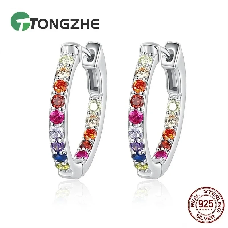 

TONGZHE 925 Sterling Silver Earrings Round Colorful Crystals Hoop Earrings Fine Jewelry Accessories For Women Gift