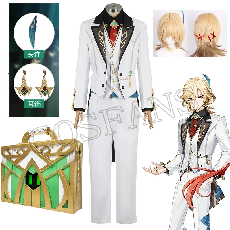 

Anime Genshin Impact Kaveh Cosplay Costume White Suit Game Uniform Wig Feather Headwear Earrings Sumeru Halloween Prop Box