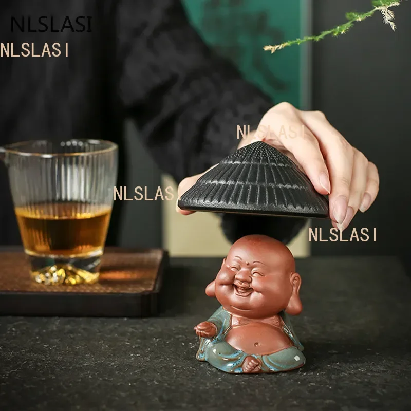 Creativity Purple Clay Tea Pet with Tea Strainer Monk Buddha Figurine Ornaments Handmade Crafts Tea Set Decoration Accessories