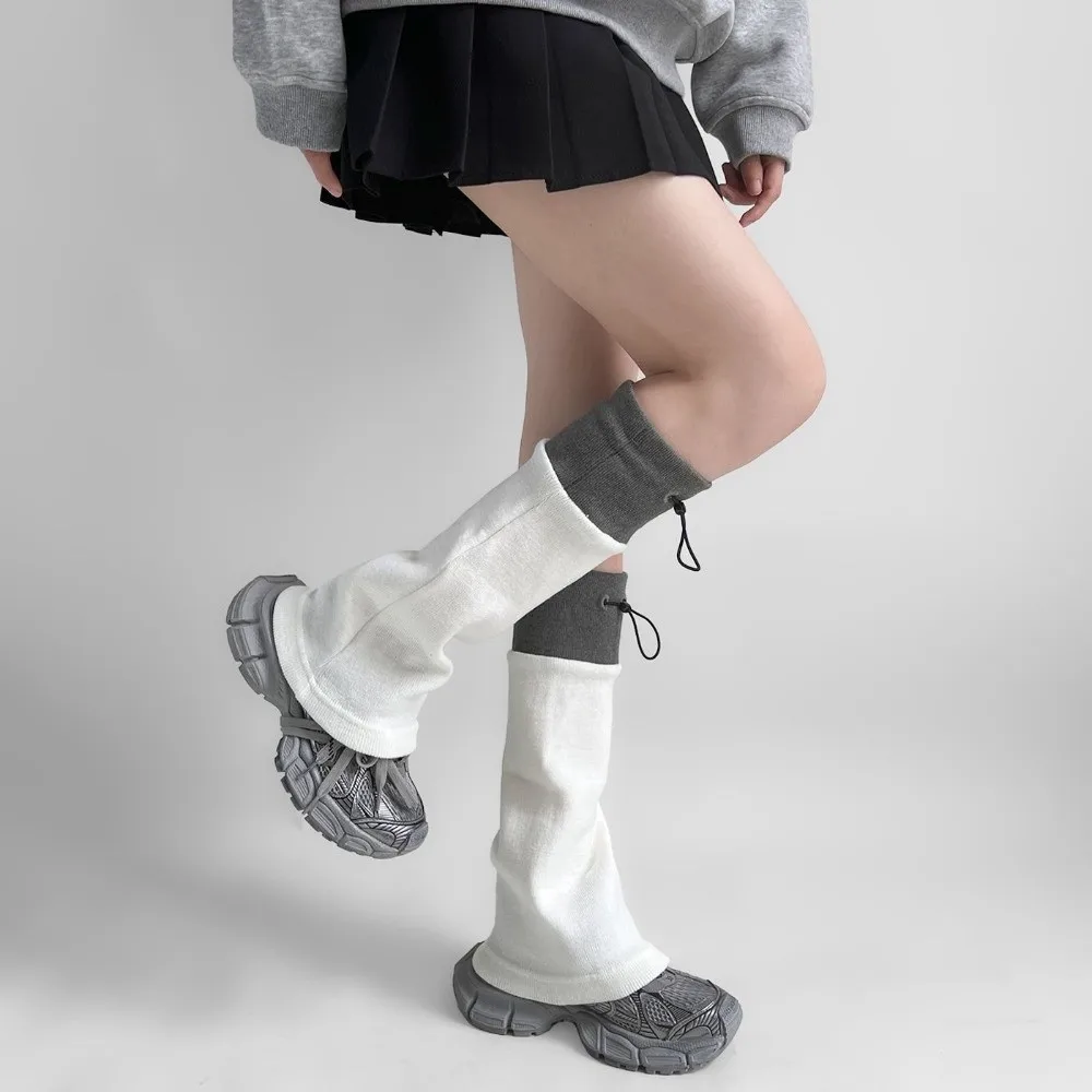 1 pair Cute Middle Tube Leg Warmers Breathable Adjustable Buckle Foot Cover Drawstring Closure Gray Spliced Calf Socks Women