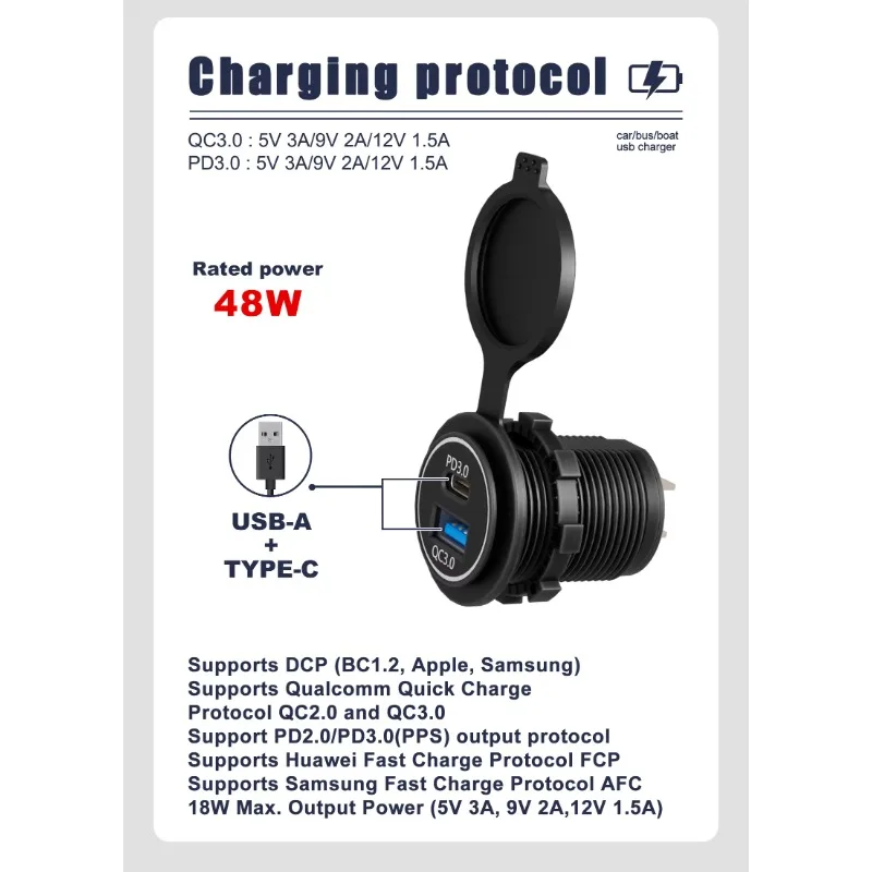 

12V Car Modified Car Charging TYPE-CPD3.0+USBQC3.0 Fast Charging Dual Port Modified Car USB Charger
