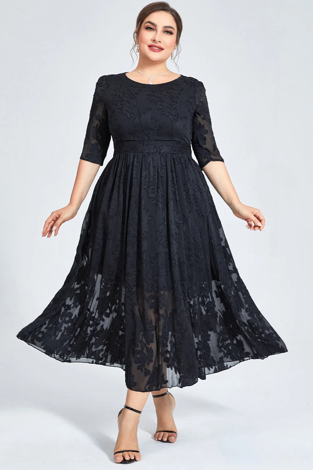 Women\'s Elegant Dress Plus Size Casual Black Mesh Flocking Jacquard Belt Double Hem Wedding Guest Half Sleeve Autumn Long Dress