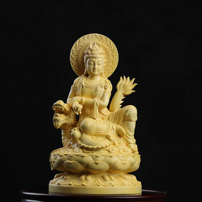 Boxwood 13cm Dragon Guanyin Sculpture Wood Buddha Statue Guan Yin Lucky Worship Feng Shui Home Decor