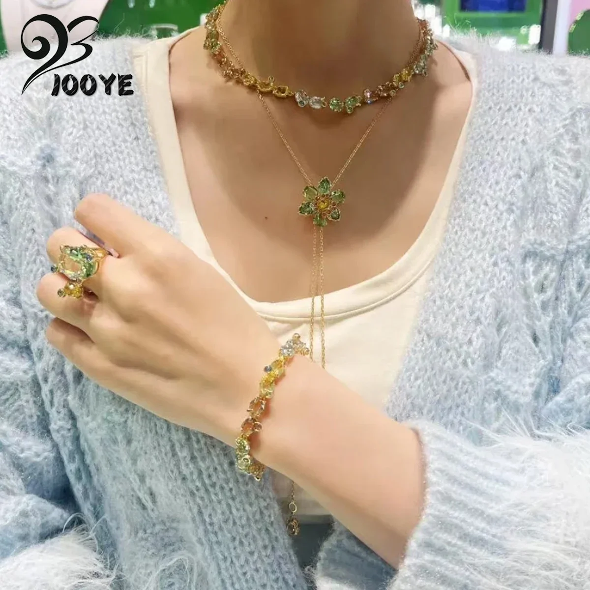 

Original 2025 New Trend Fine Jewelry Set Green Crystal Fashion Necklace Bracelet Ring Tassel Earrings for Women Anniversary Gift