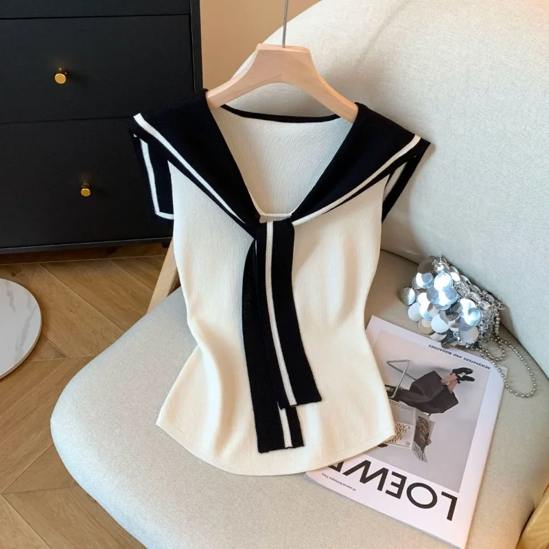 كلية بحار طوق التباين رقيقة محبوك تانك الأعلى المرأة الخامس الرقبة أكمام التخسيس قميص الصيف المرقعة المحملة #2