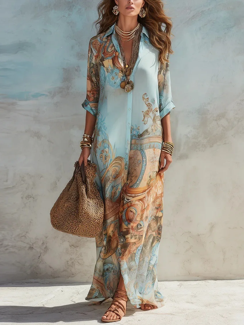 Elegantes Hemdkleid für Damen und Mädchen mit Digitalprint, Umlegekragen, Einreiher, Fließendes Casual Boho Sommerkleid