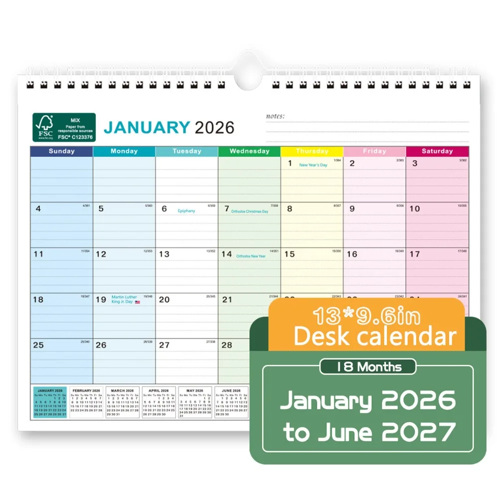 

Jan. 2026 - June. 2027 English Calendar Thick Paper with Hook Wall Calendar Daily Study Holidays Marked Hanging Calendar Home