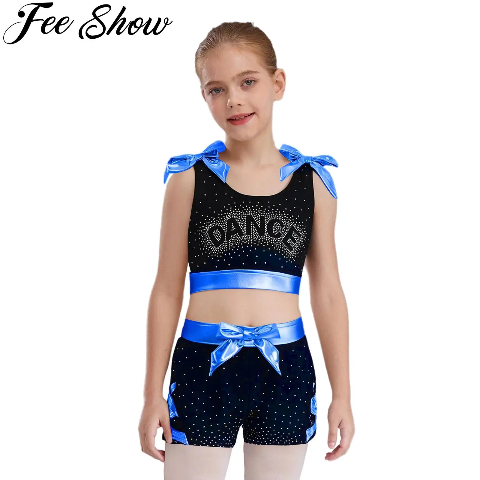 Girls Gymnastic Ballet Dance Costume Shiny Rhinestones Sleeveless Metallic Vest Shorts School Party Cheerleading Stage Dancewear