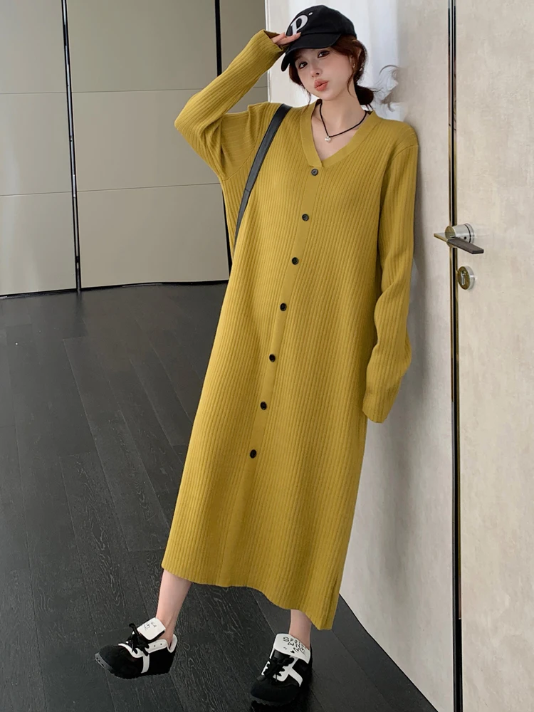 NYFS 2024 Autumn Winter New Korea Woman Dress Vestidos Elbise Loose Plus Size V-neck knitting Bottoming Long Dresses