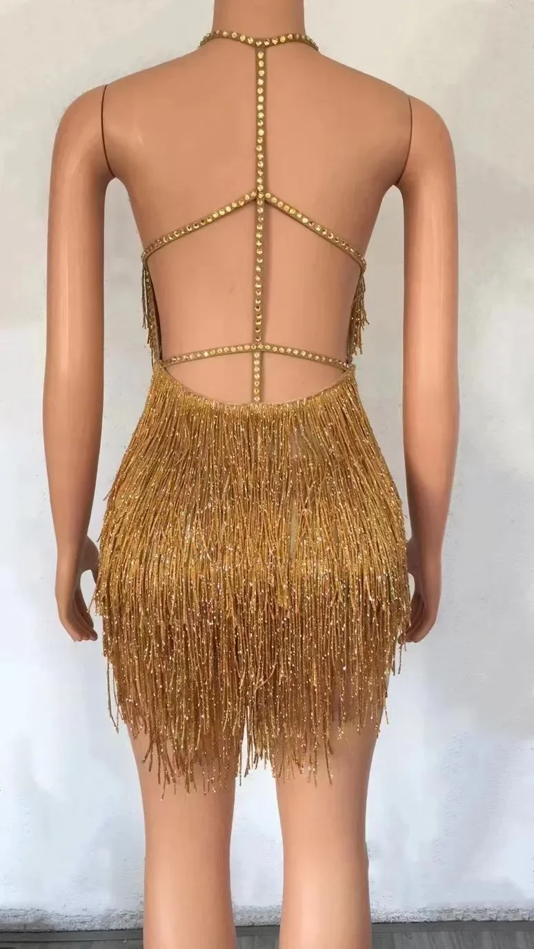 Tassel Dress Sexy Stage Gold Fringes Costume Outfit Evening Birthday Party Dance wear Nightclub Singer Performance Club Dress