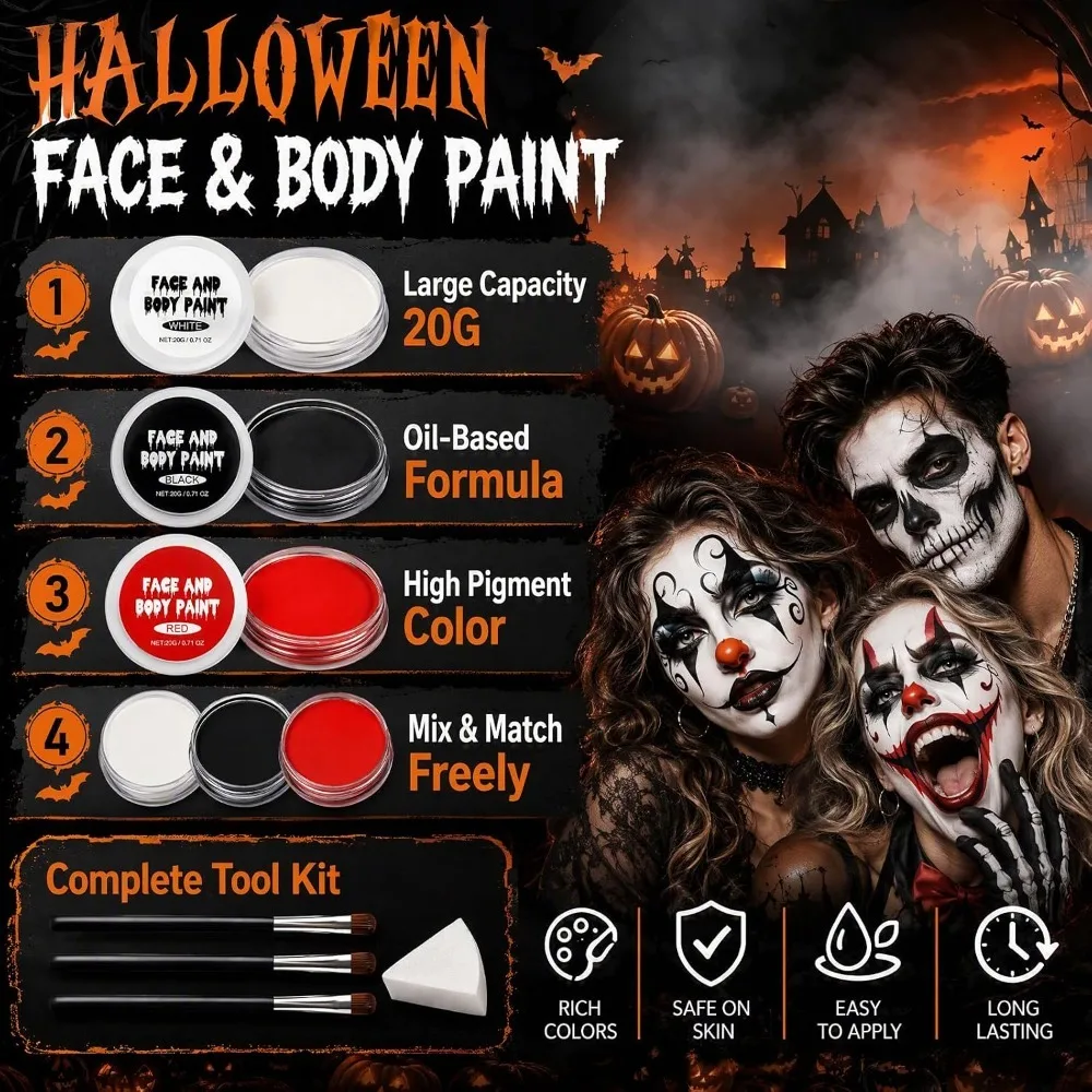 Halloween Face Paint SFX Makeup Kit Red Black White Body Paint Full Coverage Cosplay Skull Vampire Clown Water Based Washable