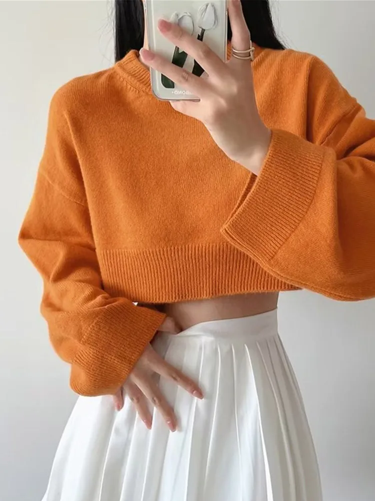 

Loose All-match Simple Lady Short Tops Casual Female Knit Pullover Crop Top Sweater Women Autumn O-neck Long Sleeve Solid