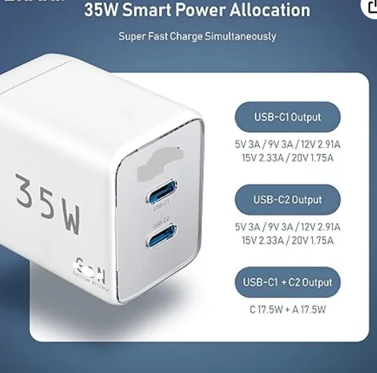 شاحن USB C - 35 وات، منفذ مزدوج (2 USB-C) شحن سريع مدمج قابل للطي لهاتف iPhone 15/15 Pro/15 Pro Max/14/13/12، Pad Pro/AirP