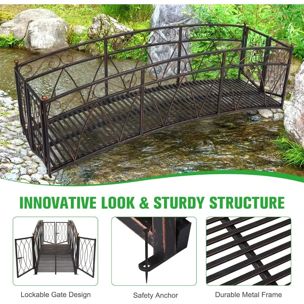 8 Ft Metal Garden Bridges for Outdoors with Gate - Outdoor Decorative Extra Long Iron Fairy Garden Bridges