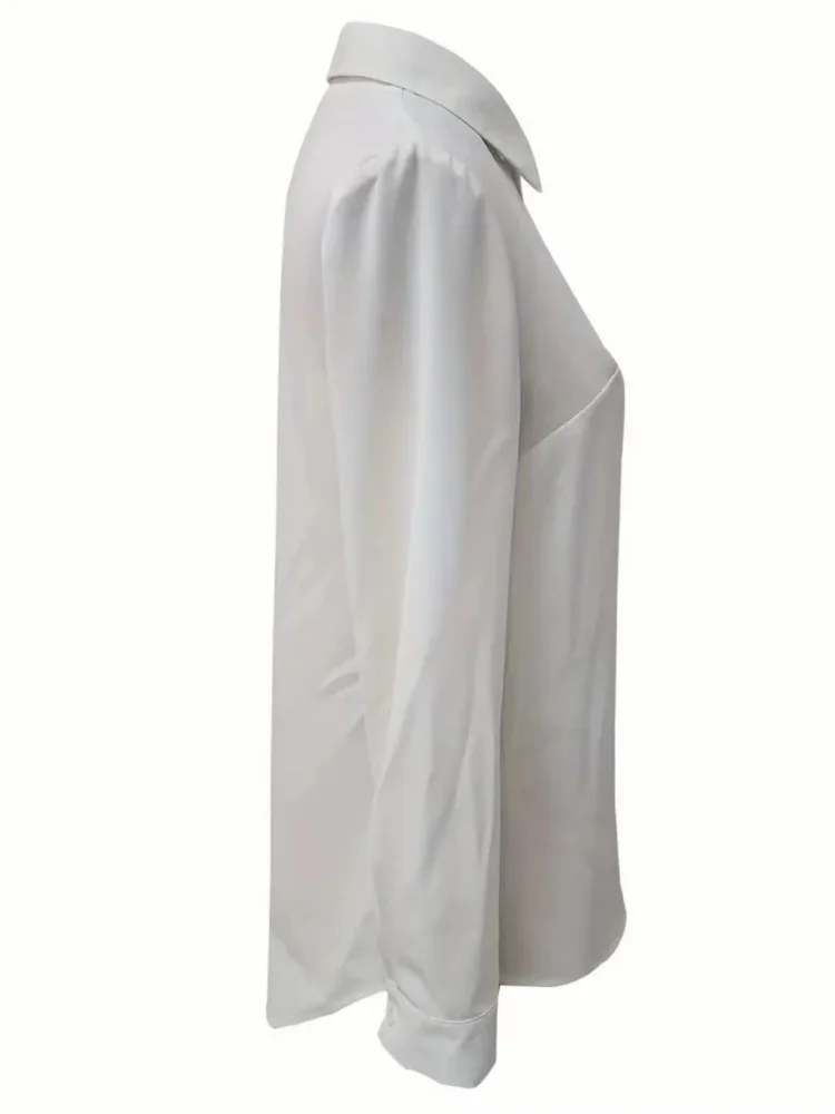 بلوزات نسائية طويلة الأكمام بياقة مطوية لأسفل بلون واحد ، بلوزات نسائية على الطراز غير الرسمي ، للربيع والصيف ، DF5002 #4