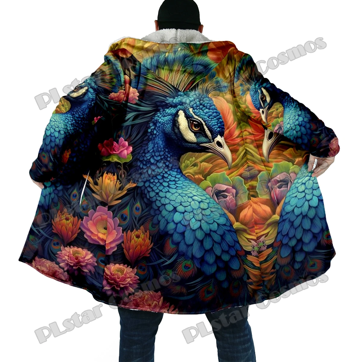 Winter Fashion Men's cloak Peacock And Flowers 3D All Over Printed Thick Fleece Hooded Cloak Unisex Casual Warm Cape Coat DP41