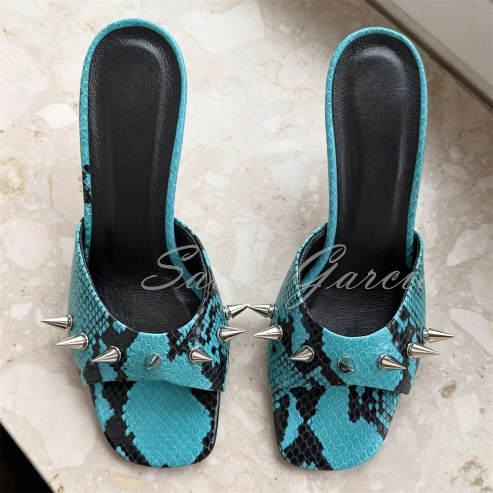 Snake Pattern Patchwork High Heel Slippers Women Sexy Square Toe Stiletto Heel Rivets Slingback Punk Style Party Dress Mules