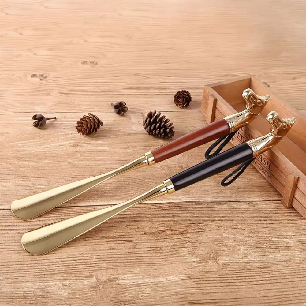Shoe Puller 32cm Metal Shoe Horn Lion/Horse Head Long Wood Handle Shoehorn Durable Handheld Portable Shoe Lifter for Household