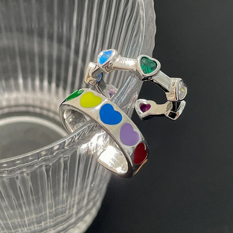 Original 925 Sterling Silver Colorful Heart Rings For Women Counple Wedding Engagement Silver Women's Diamond Ring Fine  Jewelry