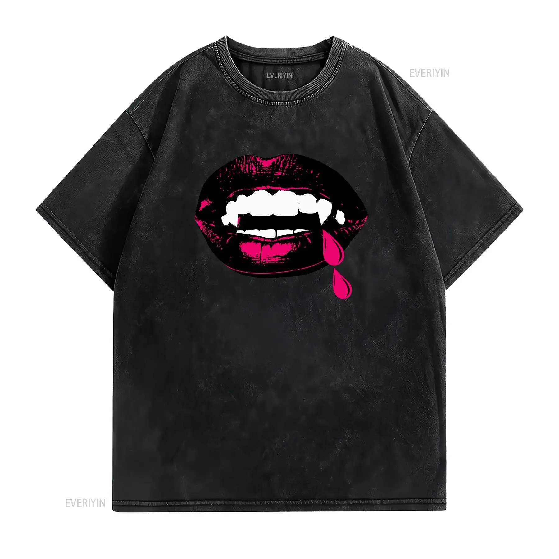 Vampire Fangs T Shirt Retro Lips shirts Abstract Halloween vintage Washed homme Stylish Slightly Comfortable Breathable