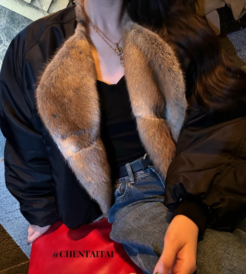 Herfst Winter Nieuwe Sle Dames Losse Afslankende ort Leer Jaet Du Down Jas Stand Kraag Qinggen Bont Bovenkleding