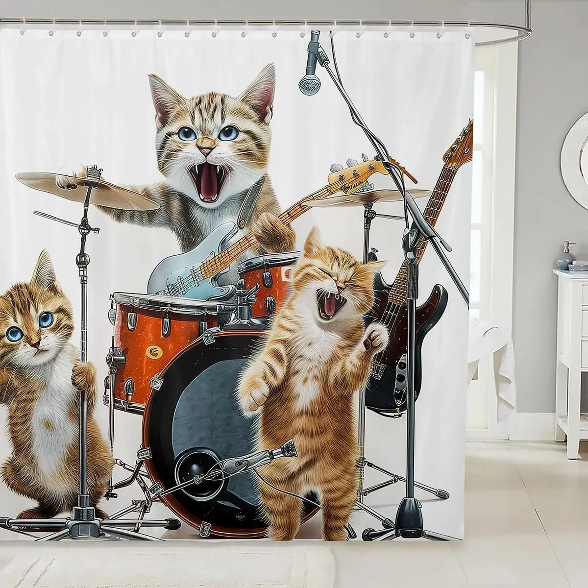 

Cat Band Shower Curtain 3D Cute Animal Drum Kit Guitar Bathroom Curtain for Kids Teens Adults Musical Instrument Print Music
