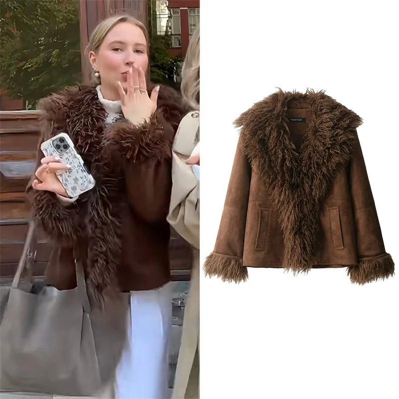 

Женская куртка, осень 2024, новый стиль, красновато-коричневая куртка с длинными рукавами и эффектом искусственного меха, повседневная модная теплая куртка