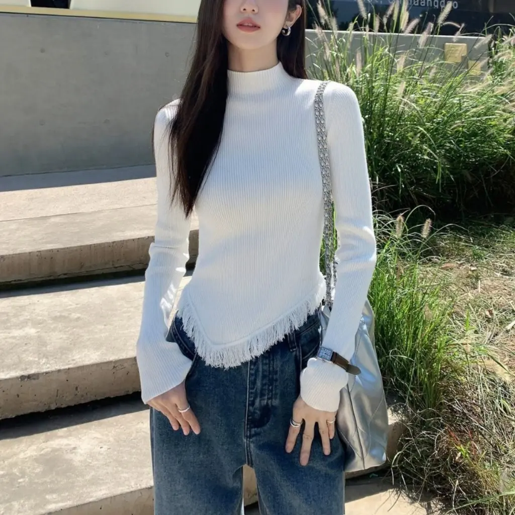 

Женский вязаный свитер нестандартной формы с высоким воротником, приталенный топ с длинными рукавами, весенне-осенняя базовая рубашка с чувством дизайна