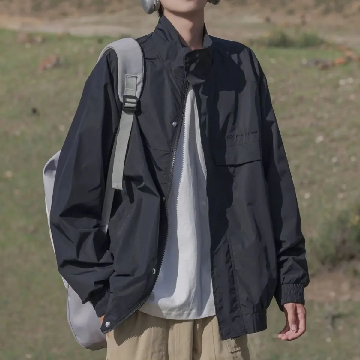 

LIBIELIY Рабочая куртка с воротником-стойкой, мужская свободная простая повседневная уличная куртка для мальчиков, повседневная осенняя мужская одежда на молнии с длинными рукавами M