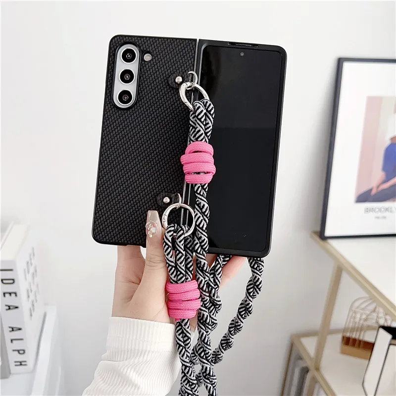Solid Leather Pattern Phone Case For Samsung Galaxy Z Fold 3 4 5 5G Lanyard Protective Cover Fold3 Fold4 Fold5 Shell