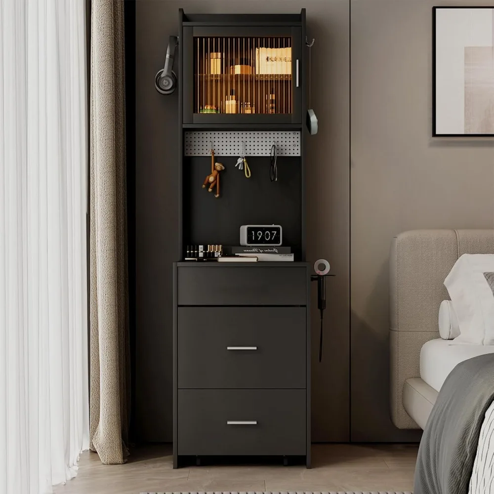 مجموعة طاولة زينة سوداء صغيرة، ومرآة LED ومحطة شحن، ومساحة صغيرة لتخزين غرفة النوم #3