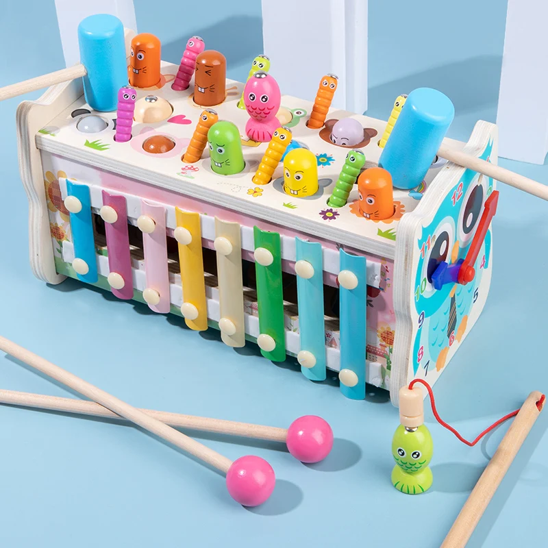Banco De Golpeo Con Martillo Montessori, Juguete 5 En 1 Con Forma De Elefante: Martillo, Engranajes, Números Y Coche De Arrastre. Para Niños De 1 A 4 Años, Madera Segura.