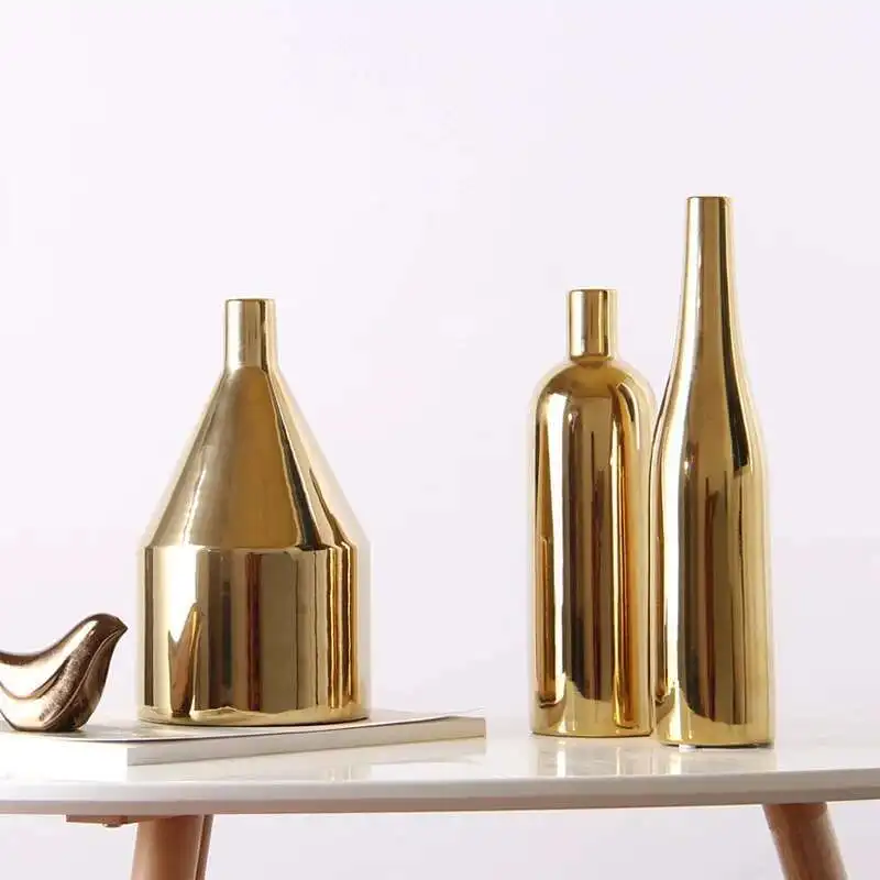 

Nordic Gold Electroplating Handicraft Ceramic Vase Model House Three Piece Home Decoration
