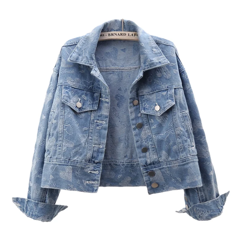 

Spring Fashion Jacquard Embroidery Denim Jacket Women Vintage Wash Blue Loose Short Outwear Big Pocket Jeans Jacket Coat Female