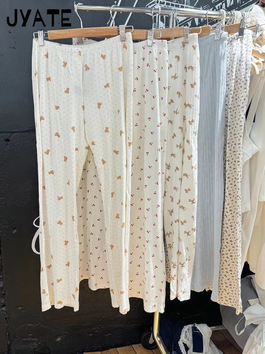 Cute Heart Little Bear Print Long Pants Women Summer New Cotton Soft Casual Elastic Waist Pant Sweet Vintage Chic Trousers Y2K