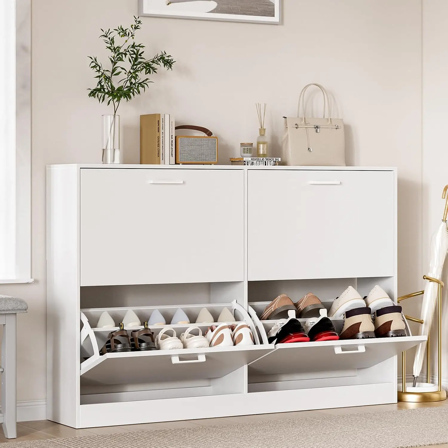 Slim Narrow Shoe Cabinet with 4/6 Flip Drawers for Entryway, Hallway | Hidden Freestanding Flip-Drawer Shoe Organizer, Dust-Proof, White Shoes Cabinet for Living Room